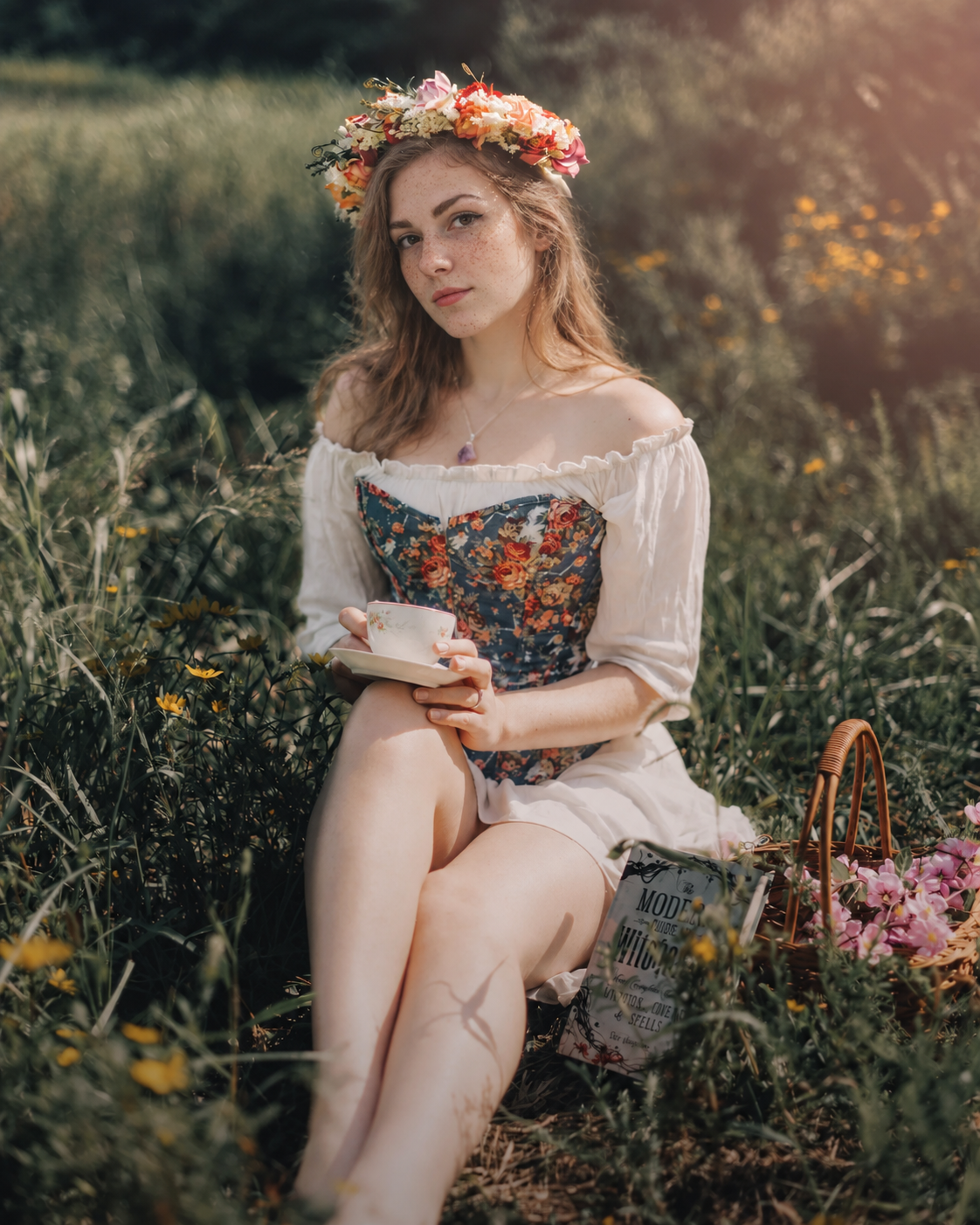 Nell sitting among wildflowers with a cup of tea